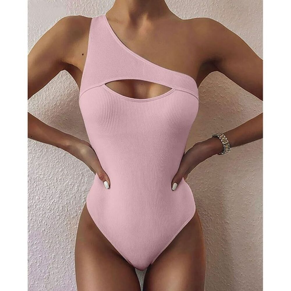 Women's One Piece Swimsuit Summer Seaside Ribbed Hollow Out Swimwear size L pink